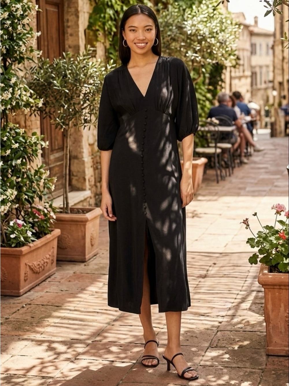 MANGO Bombay Dress Black Puff Sleeve Midi Dress NWT Size XS